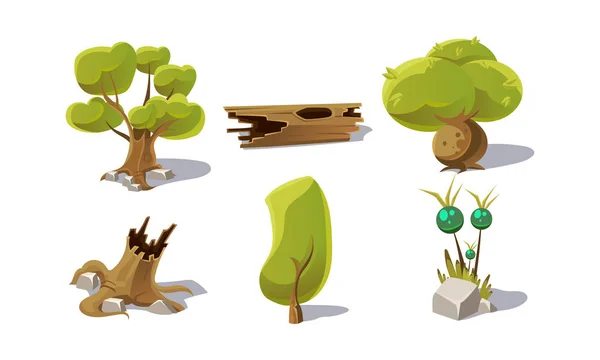 Grüne Bäume, Baumstümpfe, fantastische Pflanzen, Benutzeroberfläche für mobile Apps oder Videospielvektorillustration auf weißem Hintergrund — Stockvektor