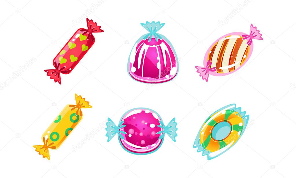 Colorful glossy candies set, sweets of different shapes, user interface assets for mobile apps or video games vector Illustration on a white background