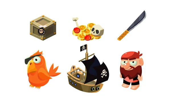 Conjunto de elementos de jogo pirata, tórax, ouro, sabre, papagaio, navio, ativos de interface de usuário para aplicativos móveis ou vídeo games vetor Ilustração —  Vetores de Stock