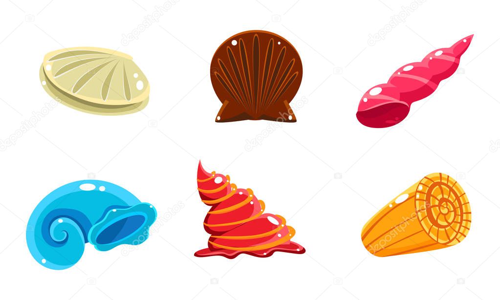 Colorful fantasy glossy seashells set, user interface assets for mobile apps or video games vector Illustration on a white background