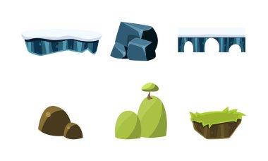 Doğa yaz manzara, taşlar ve köprüler için oyun tasarım unsurları, Kullanıcı arabirimi kıymetler mobil apps ya da video oyunları için illüstrasyon vektör