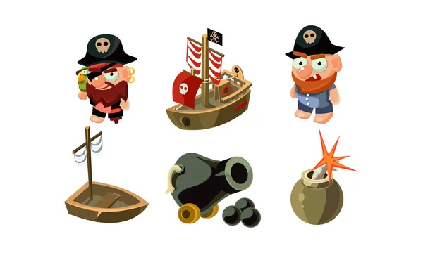 Piraat spel elementen instellen, mannelijke piraten, kanon, schip, gebruiker interface activa voor mobiele apps of videospelletjes vector illustratie op een witte achtergrond — Stockvector