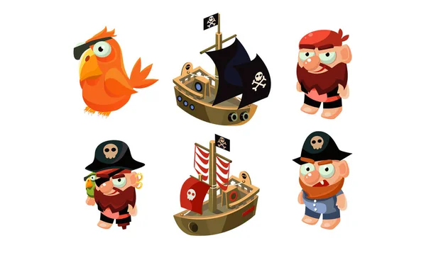 Набор игровых элементов, мужской пират, попугай, корабль, пользовательский интерфейс активов для мобильных приложений или видео игр вектор Иллюстрация — стоковый вектор