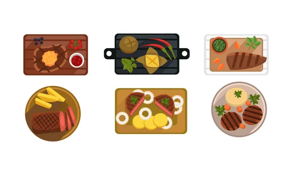 Collection of served food dishes, cooking and healthy eating concept, top view vector Illustration on a white background