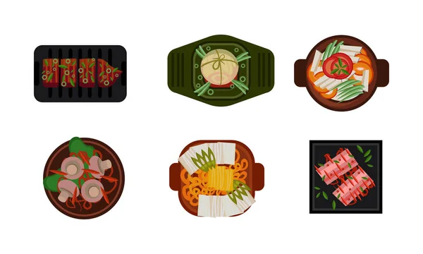 Collection of served food dishes, cooking and healthy eating concept, vegetarian dishes vector Illustration on a white background
