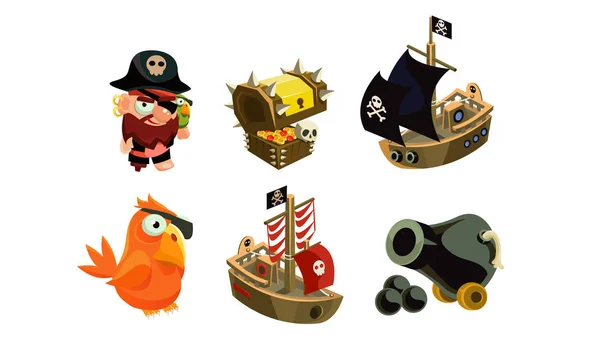 Conjunto de elementos de jogos piratas, recursos de interface de usuário para aplicativos móveis ou vetor de jogos de vídeo Ilustração em um fundo branco —  Vetores de Stock