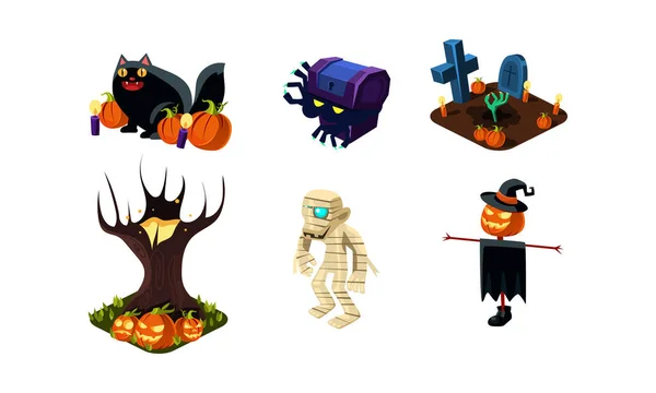 Halloween relaterade objekt och varelser, användargränssnittet tillgångar för mobilappar eller videospel vektor Illustration på vit bakgrund — Stock vektor