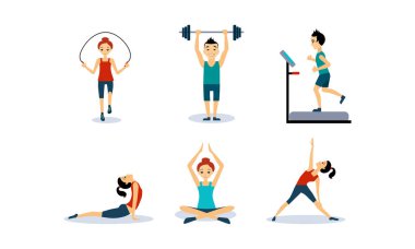 İnsanlar, spor egzersizleri kümesi, erkek ve kadın ip atlama yapıyor fitness ve yoga egzersizleri, bir koşu bandı üzerinde çalışan active sağlıklı yaşam konsepti vektör çizim