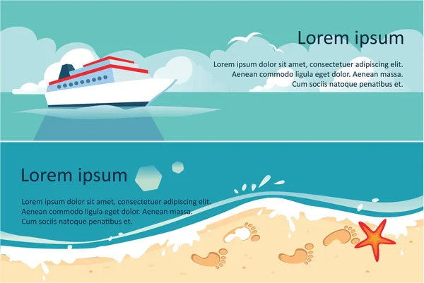 Ship, blue sea and beach, summer travel, sea or ocean horizontal banner vector Illustration — Stock Vector