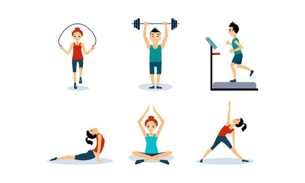 People doing sport exercises set, men and women jumping rope, running on a treadmill, doing fitness and yoga exercises, active healthy lifestyle concept vector Illustration