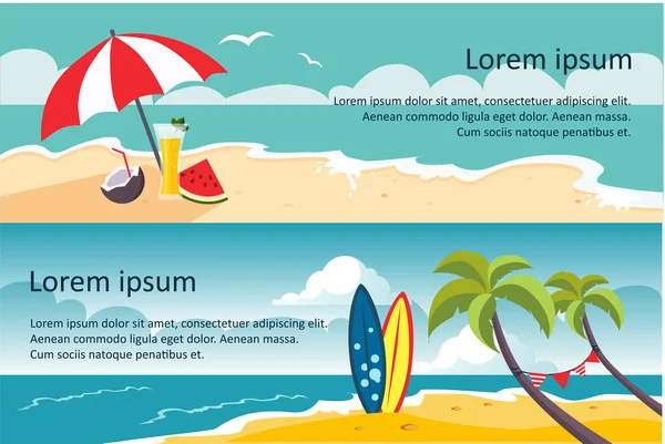 Banderas horizontales de viaje de verano, playa de arena, sombrilla, olas del mar o del océano, palmeras y vector de tabla de surf Ilustración — Vector de stock