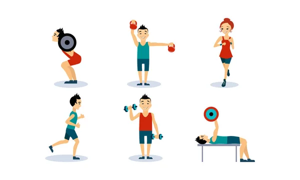 Pessoas fazendo exercícios esportivos conjunto, homens e mulheres treinando com barra, haltere, corrida, fazendo exercícios de fitness e ioga, ativo estilo de vida saudável conceito vetor Ilustração — Vetor de Stock