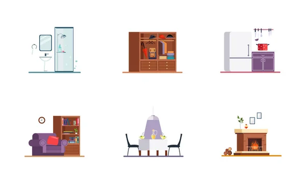 家居内饰, 浴室, 厨房, 客厅, 餐厅, 壁炉矢量插图在白色背景 — 图库矢量图片