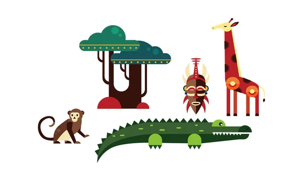 Ensemble d'animaux sauvages africains, singe, éléments de la nature et de la culture d'Afrique, crocodile, masque tribal, vecteur girafe Illustration sur fond blanc — Image vectorielle