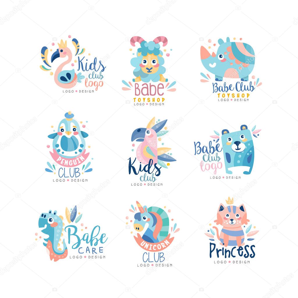 Kids club and babe toyshop logo design set, badges with cute animals and birds can be used for baby shop, education center, kids market, kindergarten and any other children projects vector