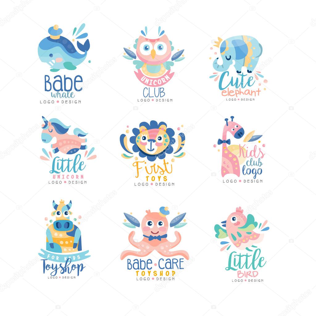 Kids club and toyshop logo design set, emblems with cute animals can be used for baby shop, education center, kids market, kindergarten and any other children projects vector Illustration isolated on