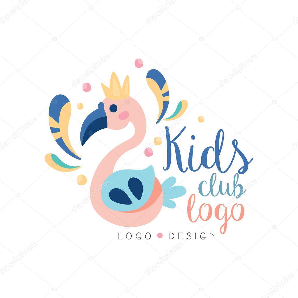 Kids club logo design, emblem with cute flamingo can be used for baby shop, education center, kids market, kindergarten and any other children projects vector Illustration isolated on a white