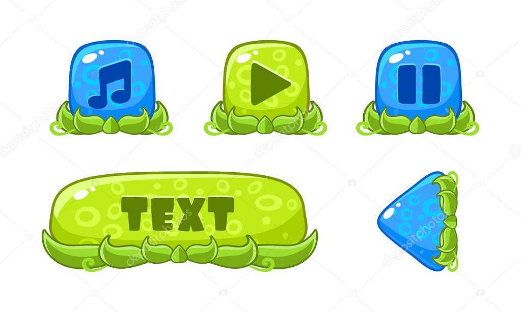 Cute green and blue glossy buttons set, user interface assets for mobile apps or video games vector Illustration on a white background
