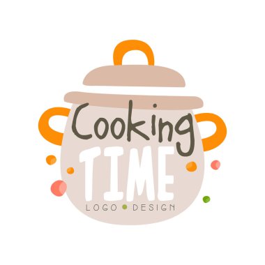 Pişirme zaman logo tasarım, mutfak amblemi tencere ile mutfak sınıf için kullanılan, tabii ki, elle çizilmiş vektör çizim okul
