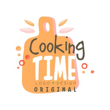 Pişirme zaman logo tasarım, mutfak amblemi kesme tahtası ile mutfak sınıf için kullanılan, tabii ki, elle çizilmiş vektör çizim okul