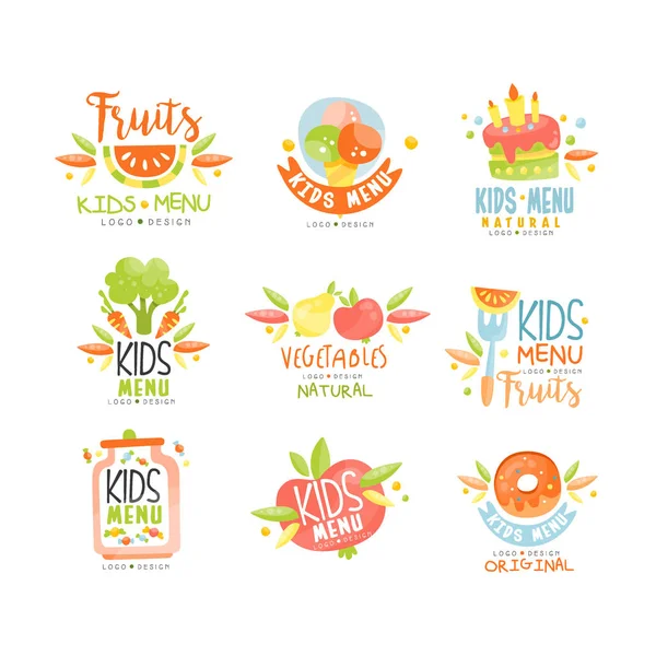 Menú para niños, logotipo de alimentos naturales original, colorido vector plantilla creativa — Vector de stock