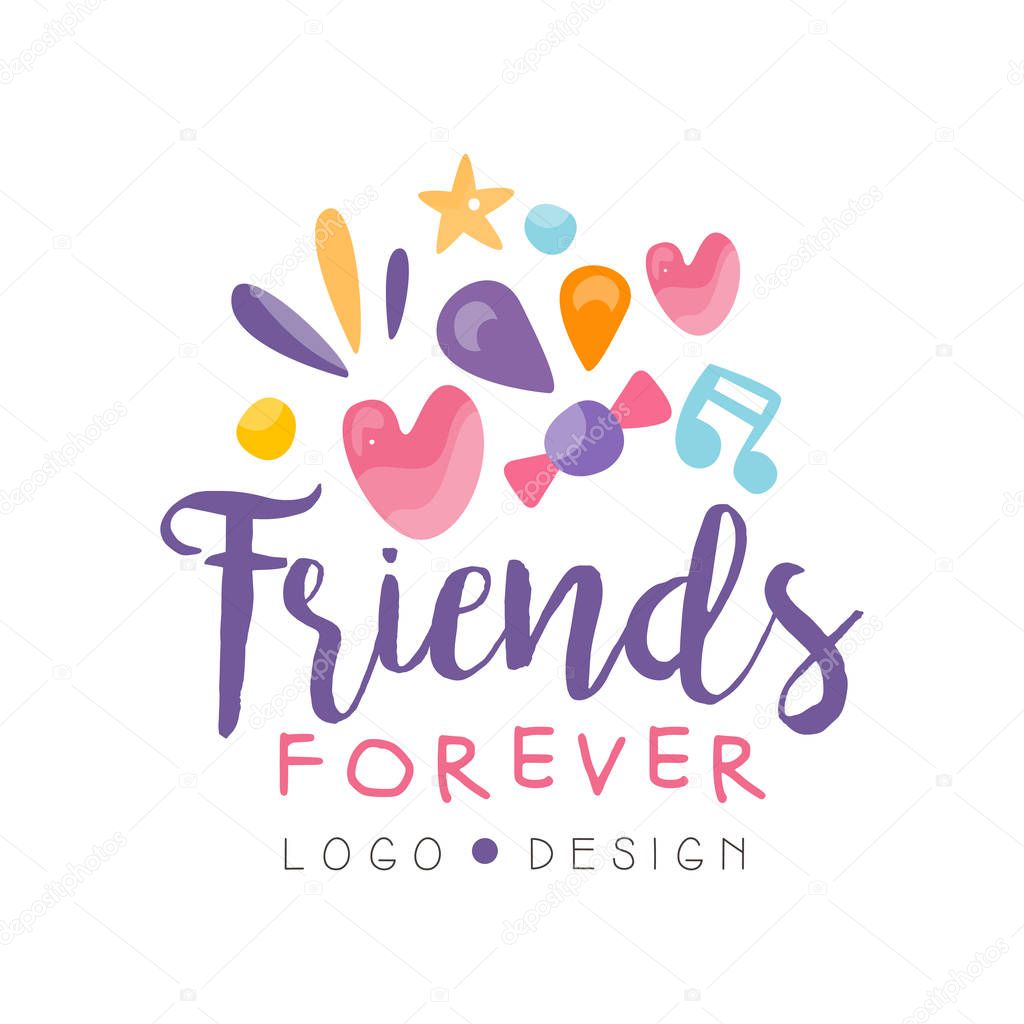 Friends forever logo design, Happy Friendship Day colorful template for banner, poster, greeting card, t-shirt vector Illustration isolated on a white background.