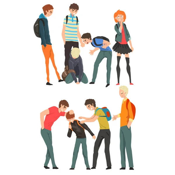 Konflikt zwischen Jugendlichen, Spott und Mobbing in der Schule Vektor-Illustration auf weißem Hintergrund — Stockvektor