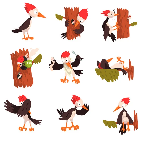 Lindo personaje divertido pájaro carpintero de dibujos animados en diferentes situaciones conjunto vector Ilustración sobre un fondo blanco — Vector de stock