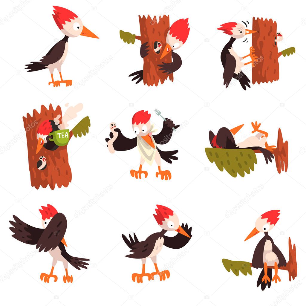 Cute funny woodpecker bird cartoon character in different situations set vector Illustration on a white background