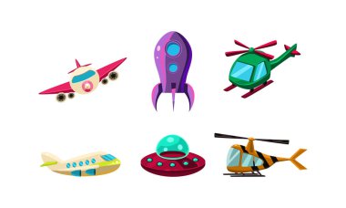 Sevimli çizgi uçak parlak renkler kümesi, uçak, ufo, helikopter, beyaz bir arka plan üzerinde vektör çizim roket