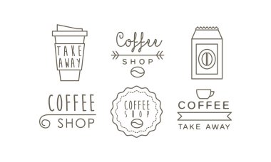 Kahve dükkanı satır Icons set, paket servisi olan restoran kahve fincanı, etiketleri ve rozetleri üzerinde beyaz bir arka plan illüstrasyon vektör