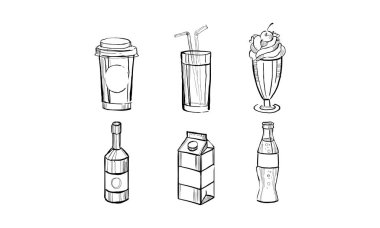 İçecekler, soda içecek, milkshake, süt, meyve suyu el çizilmiş vektör çizim beyaz bir arka plan üzerinde kağıt kutu toplama