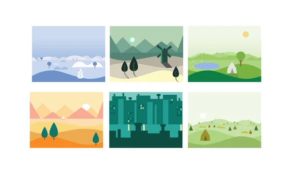 Natural landscape set, winter, spring, summer, autumn horizontal beautiful nature backgrounds vector Illustration — Stock Vector