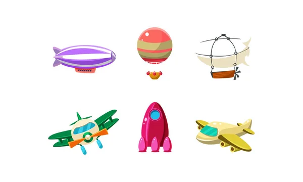 Cute cartoon aircrafts bright colors set, blimp, biplane, rocket, hot air balloon vector Illustration on a white background — Stock Vector