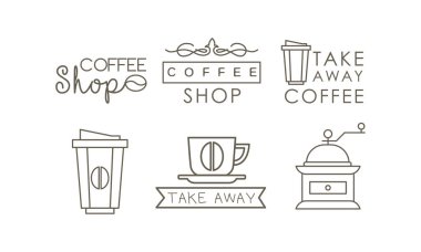Kahve çizgi Icons set, paket servisi olan restoran kahve fincanı, öğütücü, etiketleri ve rozetleri üzerinde beyaz bir arka plan illüstrasyon vektör
