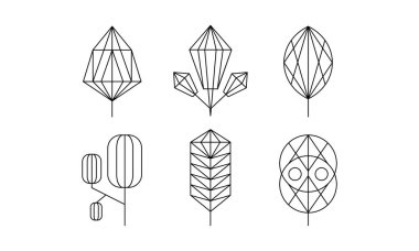 Geometrik ağaçlar ve yaprakları kümesi, tek renkli poligonal bitkiler resimde beyaz bir arka plan üzerinde vektör