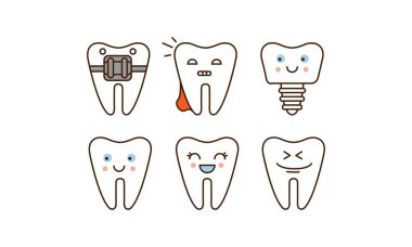 Farklı yüz ifadeleri ile sevimli diş stomatology ve diş çizgi Icons set, beyaz bir arka plan üzerinde illüstrasyon vektör