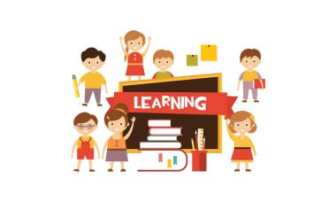 Group of cute little kids, blackboard and stack of books, learning concept vector Illustration clipart