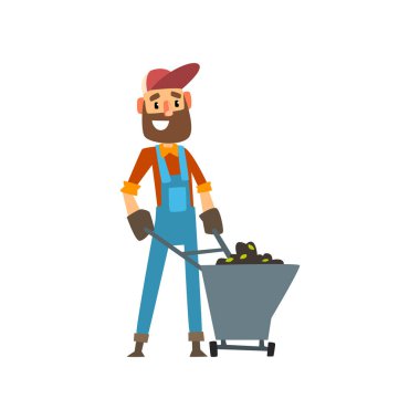 Mutlu erkek çiftçi karakteri ile dünya, iş, tarım ve tarım vektör çizim beyaz bir arka plan üzerinde neşeli bahçıvan el arabası