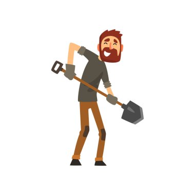 Kürekle çalışan erkek çiftçi gülümseyen, neşeli bahçıvan karakter, tarım ve tarım vektör çizim üzerinde beyaz bir arka plan