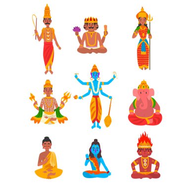Hint tanrısı seti, Timur, Brahma, Parvati, Indra, Vishnu, Buda, Shiva, Agni, Ganesha üzerinde beyaz bir arka plan illüstrasyon vektör