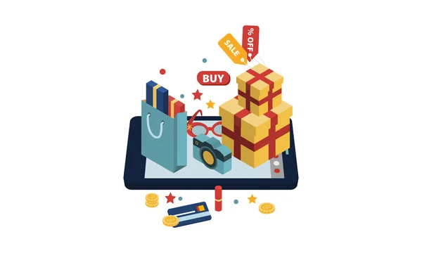 Einkaufstaschen, Geschenkboxen, Accessoires auf einem großen Tablet, Online-Shopping-Konzeptvektorillustration — Stockvektor