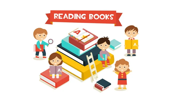 Cute little kids sitting and reading on giant stack of books, reading books concept vector Illustration — Stock Vector