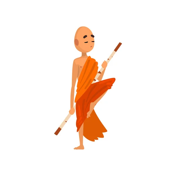 Budist Keşiş çizgi film karakteri eğitim Turuncu elbise vektör çizim beyaz bir arka plan üzerinde ahşap sopa ile — Stok Vektör