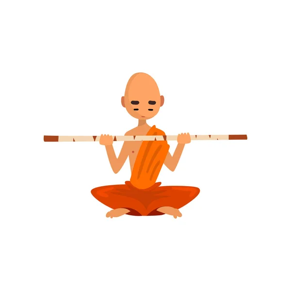Buddhist monk cartoon character sitting in lotus position with wooden stick vector Illustration on a white background — Stock Vector
