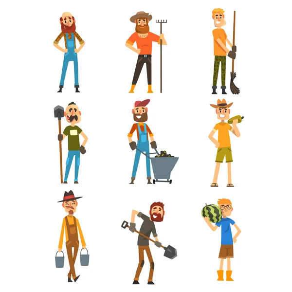 Smiling farmers set, cheerful gardeners characters at work, farming and agriculture vector Illustration on a white background — Stock Vector