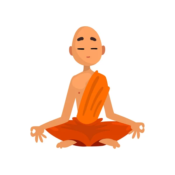 Buddhista szerzetes rajzfilmfigura meditál, narancssárga köpenyt vektoros illusztráció egy fehér háttér — Stock Vector