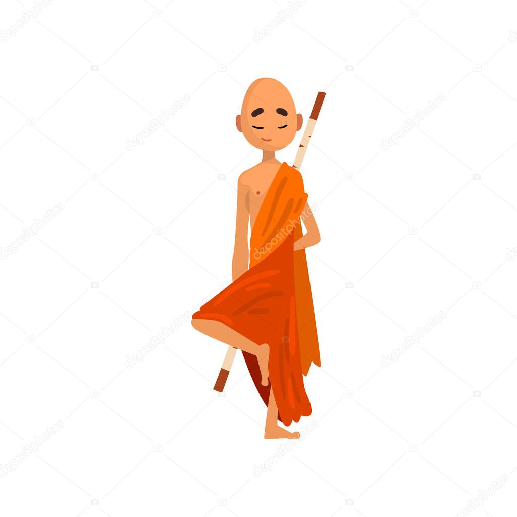 Buddhist monk cartoon character in orange robe practicing yoga vector Illustration on a white background