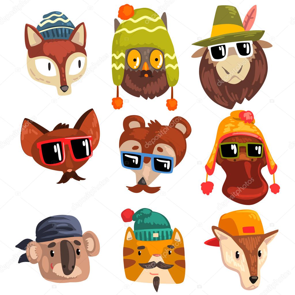 Animals wearing hipster hats and sunglasses, animal portraits cartoon vector Illustration on a white background