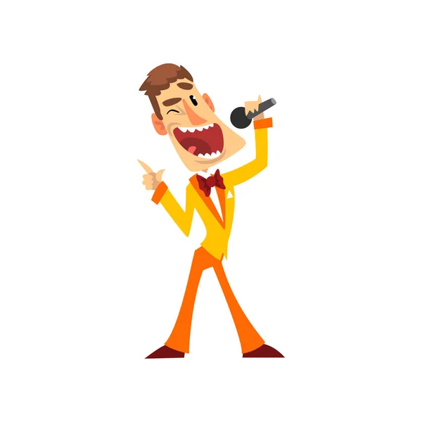 Homme joyeux avec microphone, animateur de l'émission vectorielle Illustration sur fond blanc — Image vectorielle